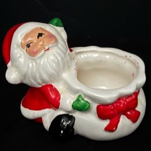 Vintage SANTA Bag Christmas Candy Dish  Candle Holder 3.5” 1960’s